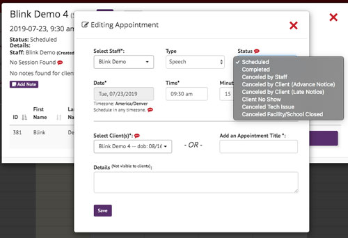 Blink Session appointment Status