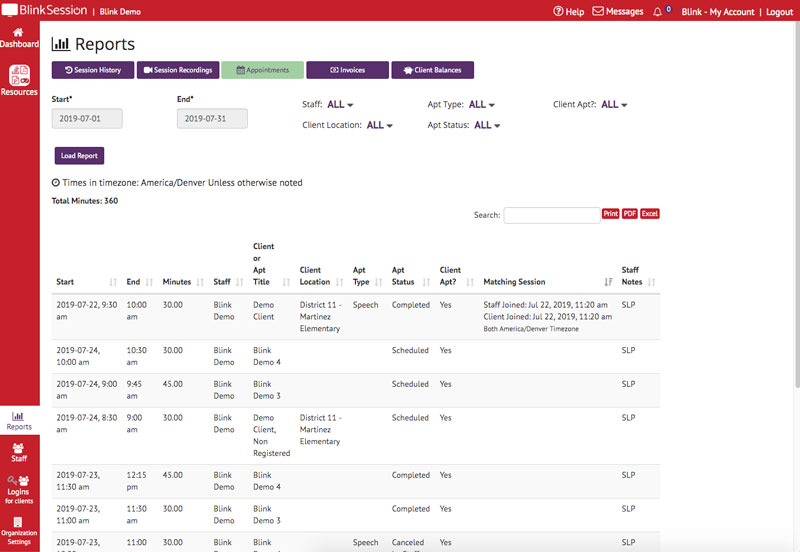 Blink Session Appointments Report
