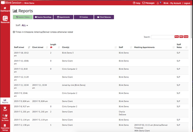 Blink Session Reports Session History
