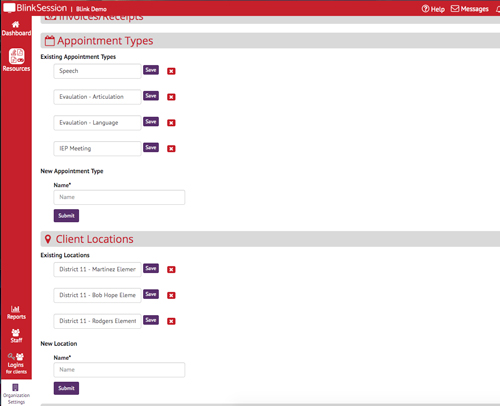 Blink Session Appointments Set appointment Types